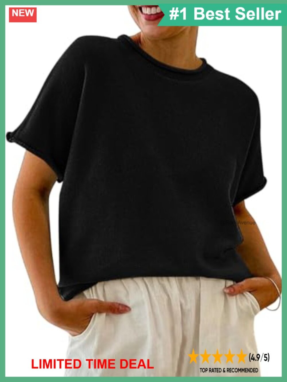 Women's Short Sleeve Crewneck Loose Fit Knit T-Shirt